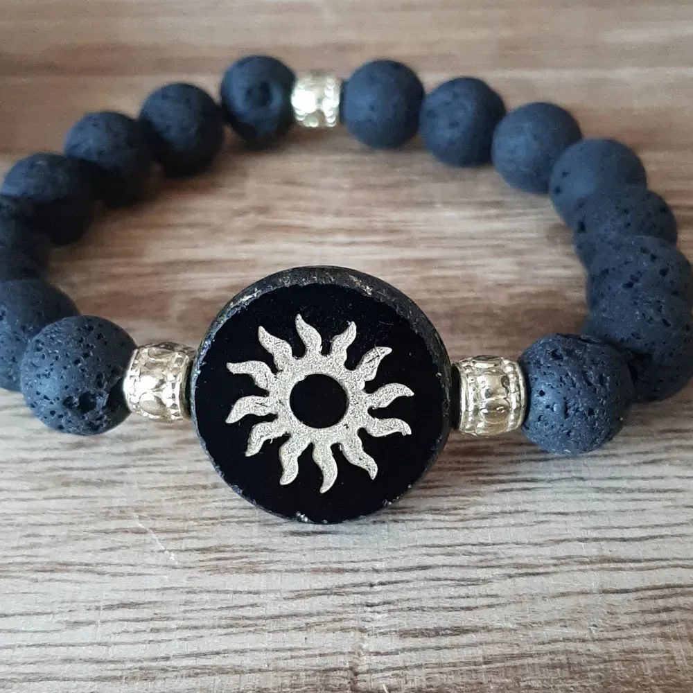 Solar Czech Glass & Lava Diffuser Stretch Bracelet